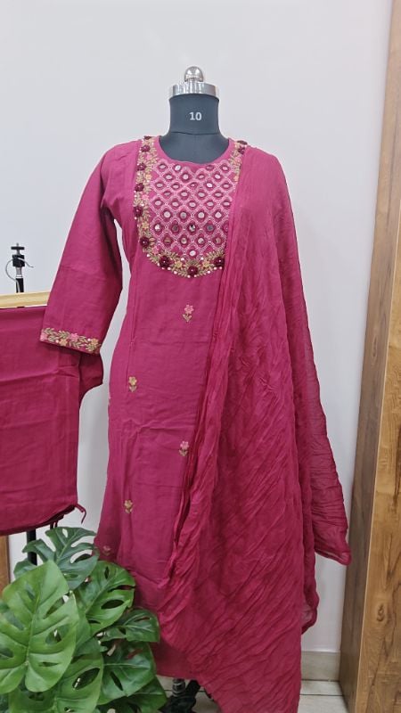 Festive Charm in Magenta: Mirror Work & Embroidered 3-Piece Suit Set
