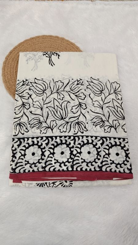White Mul Cotton Saree with black Hand-Block Prints