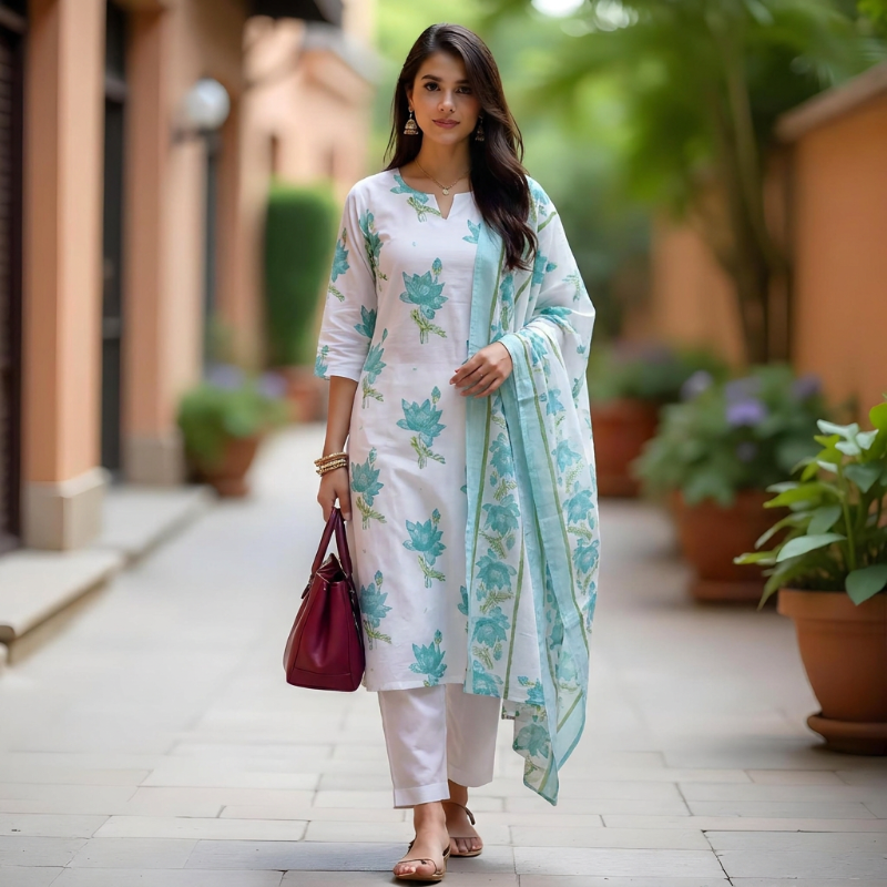 Off-White & Sea Green Lotus Print Suit Set