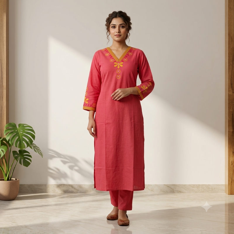 **Anvita brand Coral Pink Cotton 2-Piece Kurta Set**