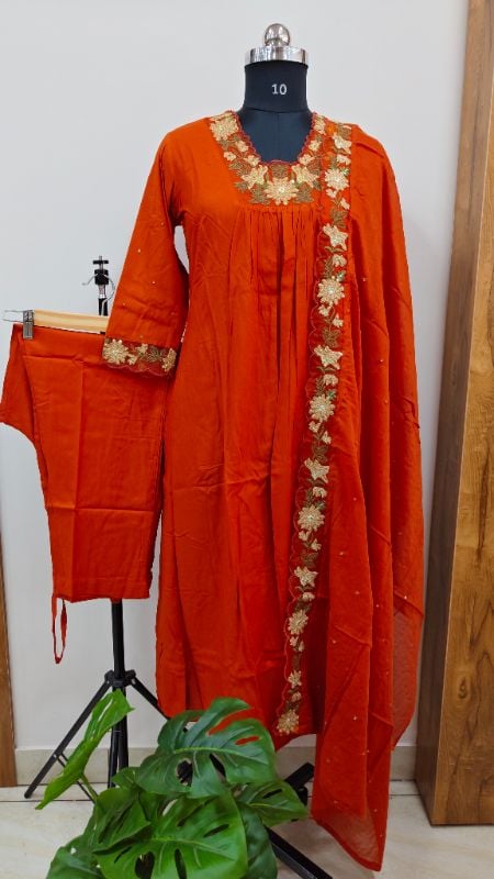 Rust Orange Rayon Embroidered Full Suit Set