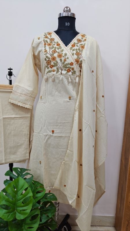 off white Cotton 3-Piece Festive Suit Set
