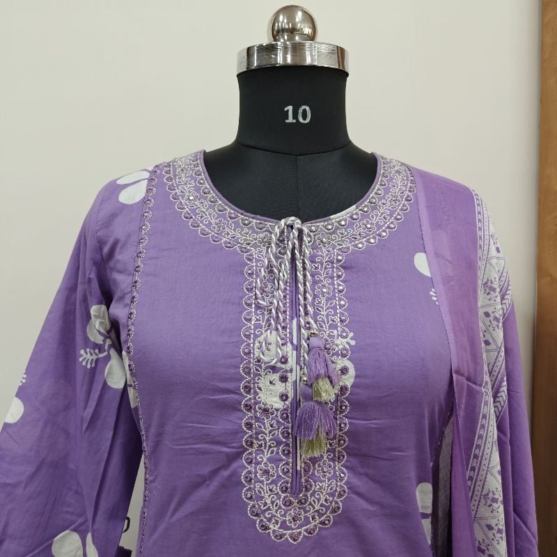 Summer Fresh in Lavender: Hibiscus Print & Embroidered 3-Piece Suit Set