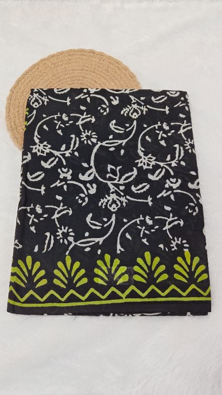 Elegant Black Mul Mul Cotton Saree white blocks