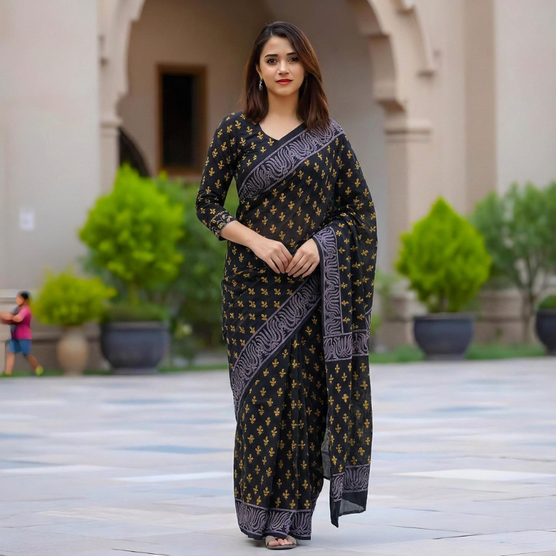 Elegant Black Mul Mul Cotton Saree yellow blocks