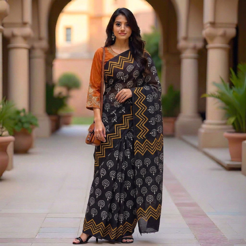Black Mul Mul Cotton Saree handblock