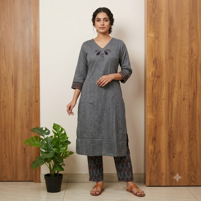 Anvita brand Grey Ikkat Print 2-Piece Kurti Set