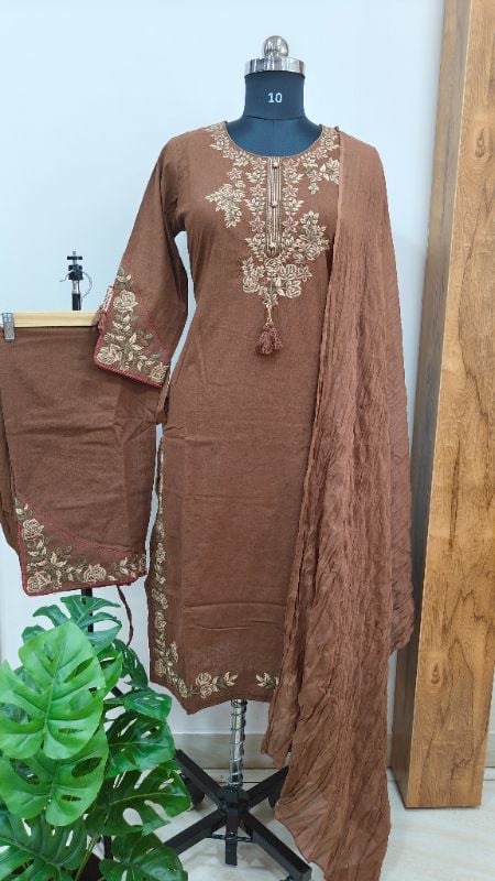 Brown Handloom Cotton Embroidered Suit Set