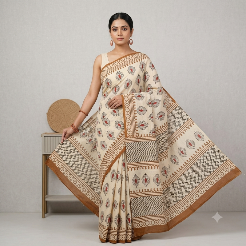 **Hand-Block Printed mul Cotton Saree 7**