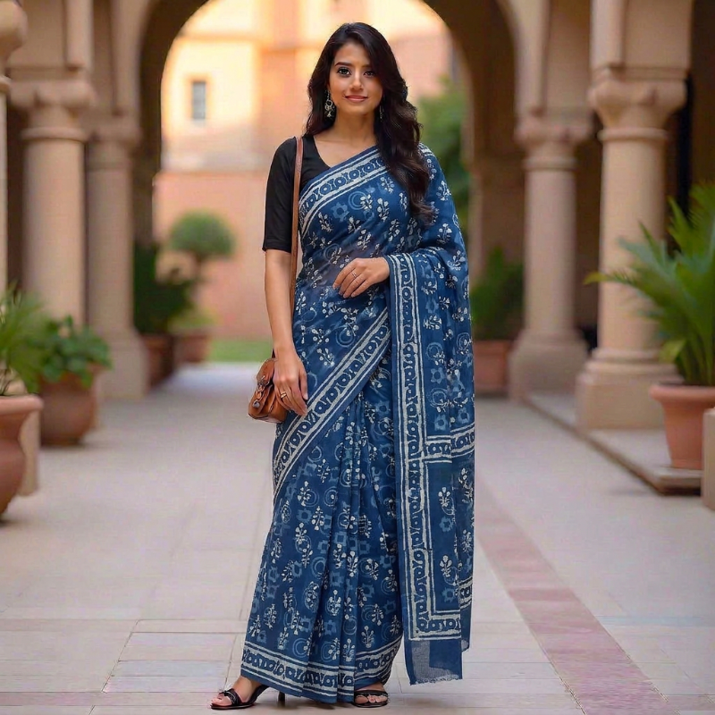 Indigo Blue Mul Cotton Saree with Batik-Style Geometric Prints