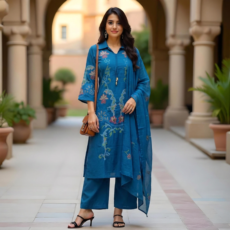 Elegant Peacock Blue Cotton 3-Piece Suit Set