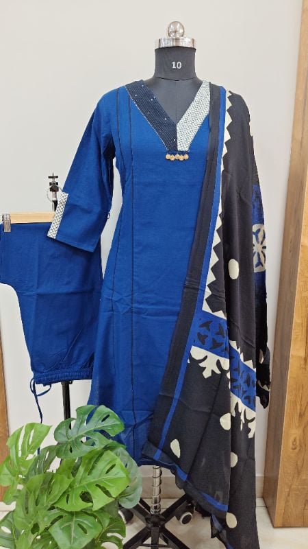 Chic in Indigo: Block Print Patchwork 3-Piece Suit Set