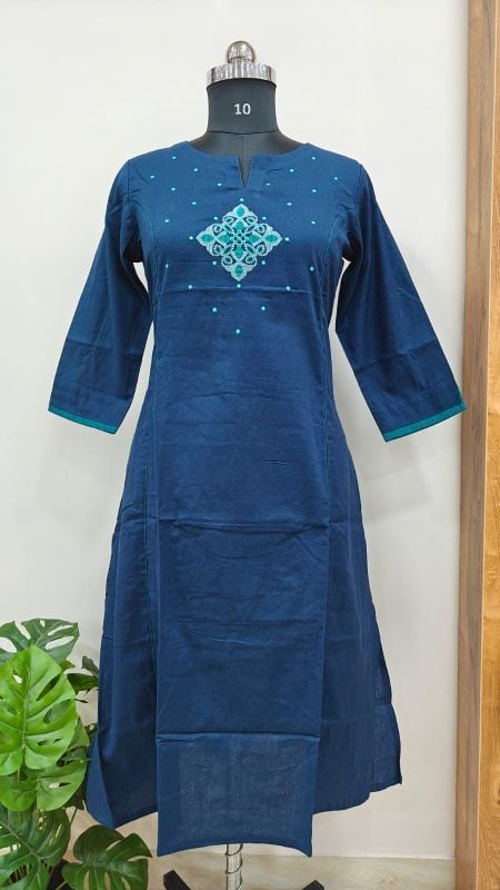Anvita brand Peacock Blue Printed & Embroidered Kurti