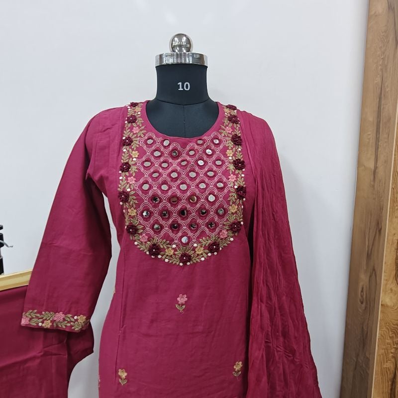 Festive Charm in Magenta: Mirror Work & Embroidered 3-Piece Suit Set