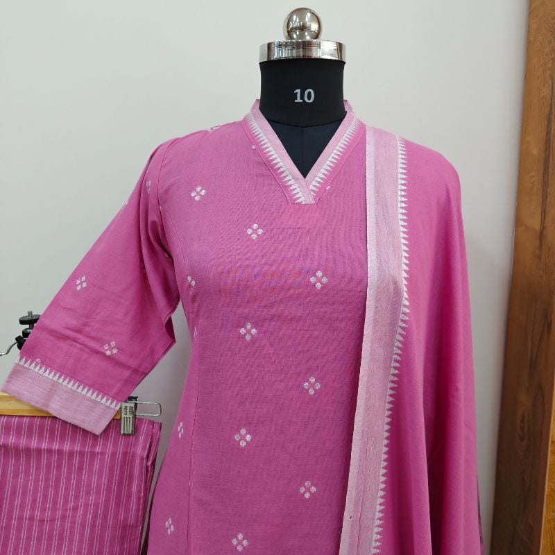 Pastel Pink Handloom Mangalagiri Cotton Suit Set