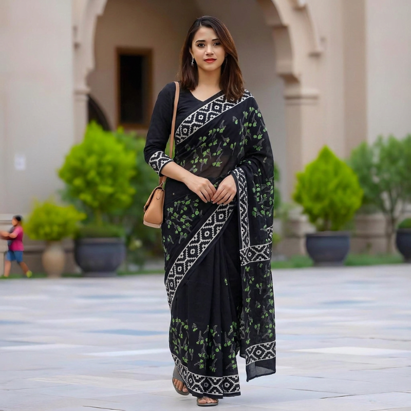 Elegant Black Mul Mul Cotton Saree green blocks