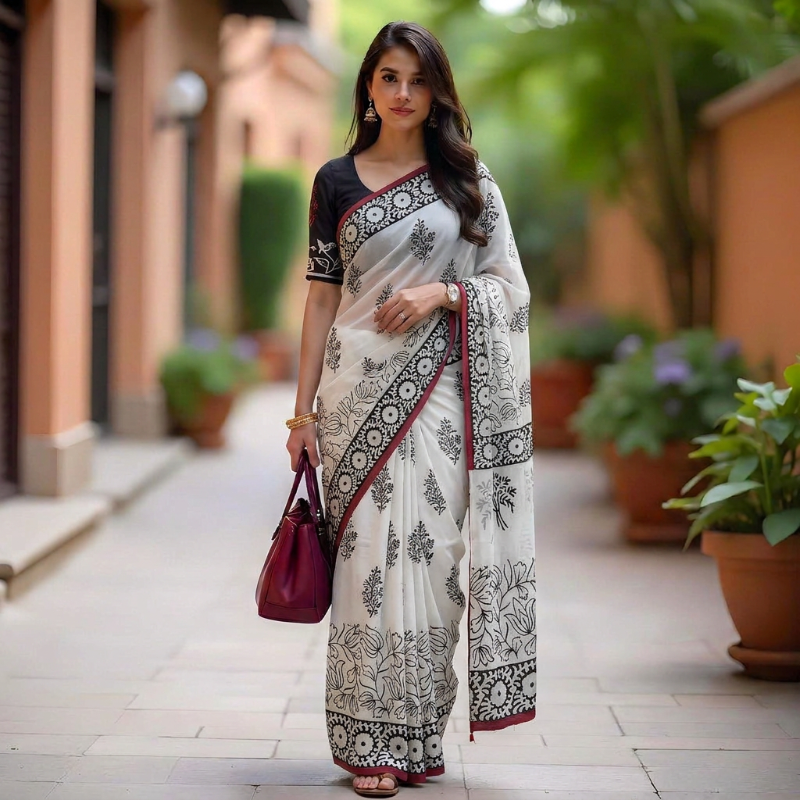 White Mul Cotton Saree with black Hand-Block Prints