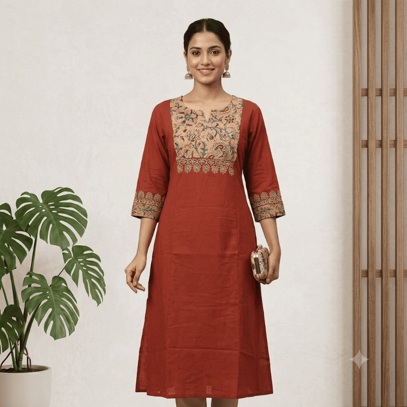 Anvita brand Rust Red Kalamkari Yoke Kurti