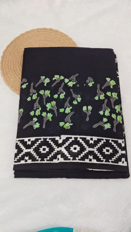 Elegant Black Mul Mul Cotton Saree green blocks