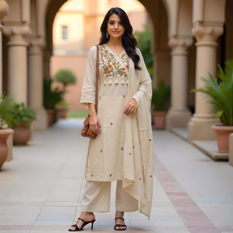 off white Cotton 3-Piece Festive Suit Set