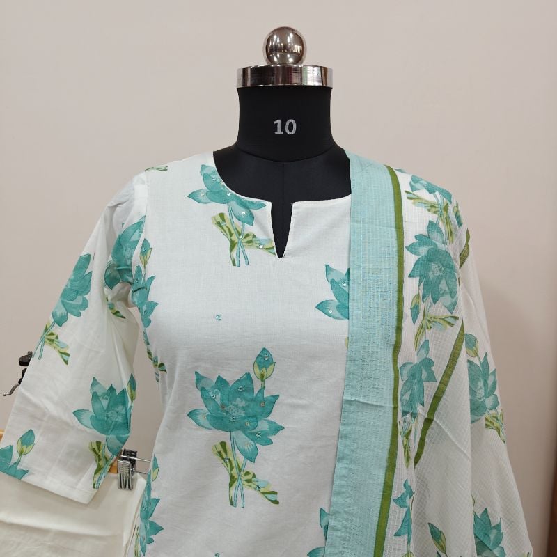 Off-White & Sea Green Lotus Print Suit Set