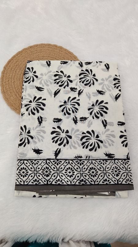 White Mul Cotton Saree with Hand-Block Floral Prints