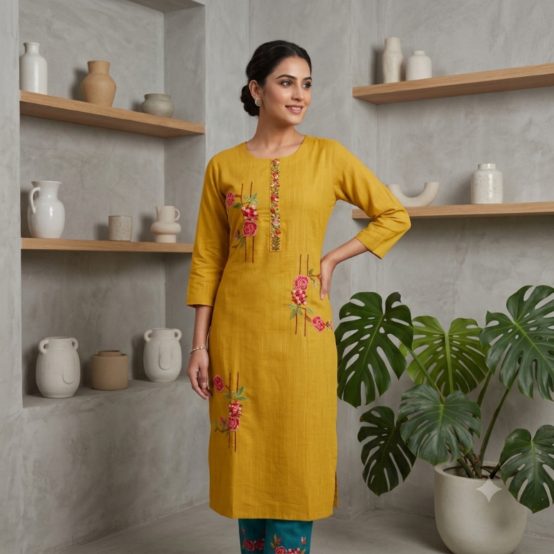 Vibrant Mustard Yellow Floral Embroidered Kurta