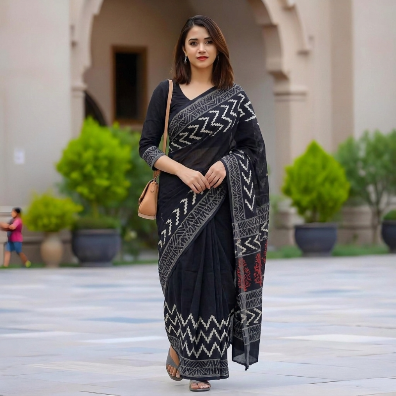 Elegant Black Mul Cotton Saree in handblocks