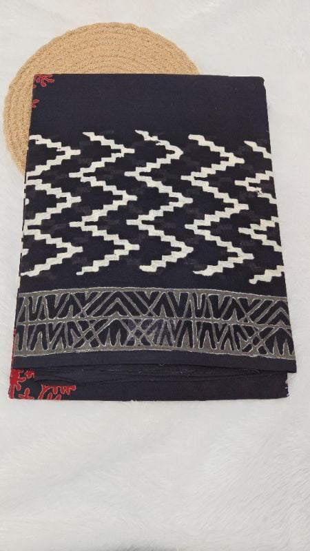 Elegant Black Mul Cotton Saree in handblocks