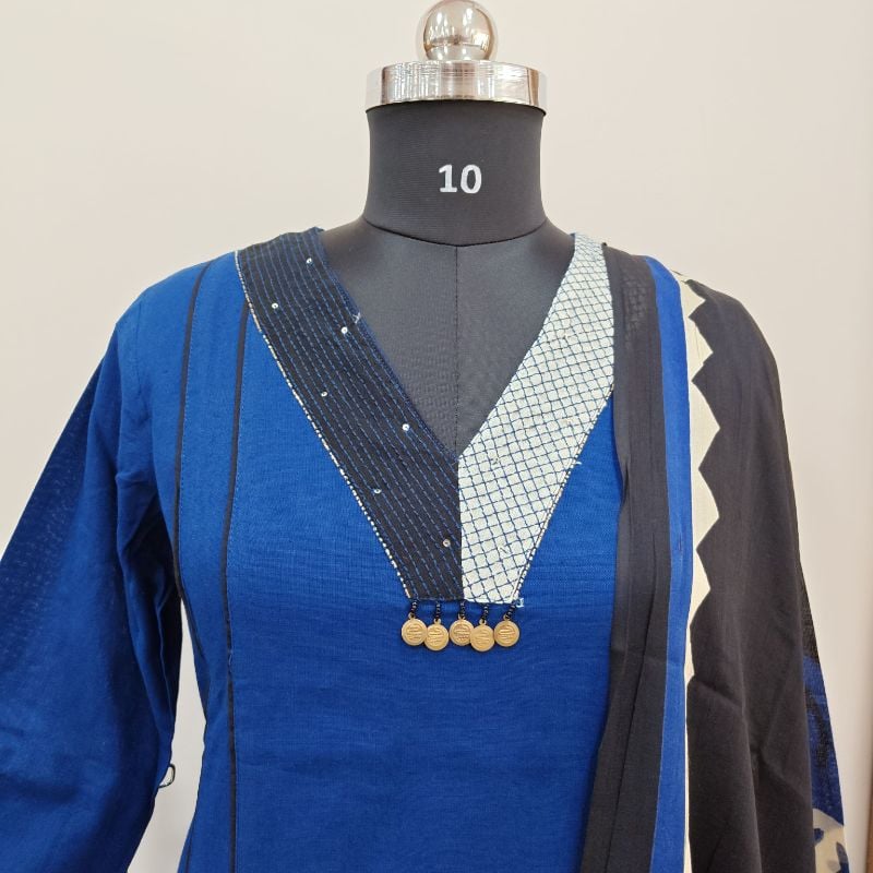 Chic in Indigo: Block Print Patchwork 3-Piece Suit Set
