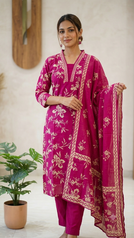 Magenta floral ethnic suit set