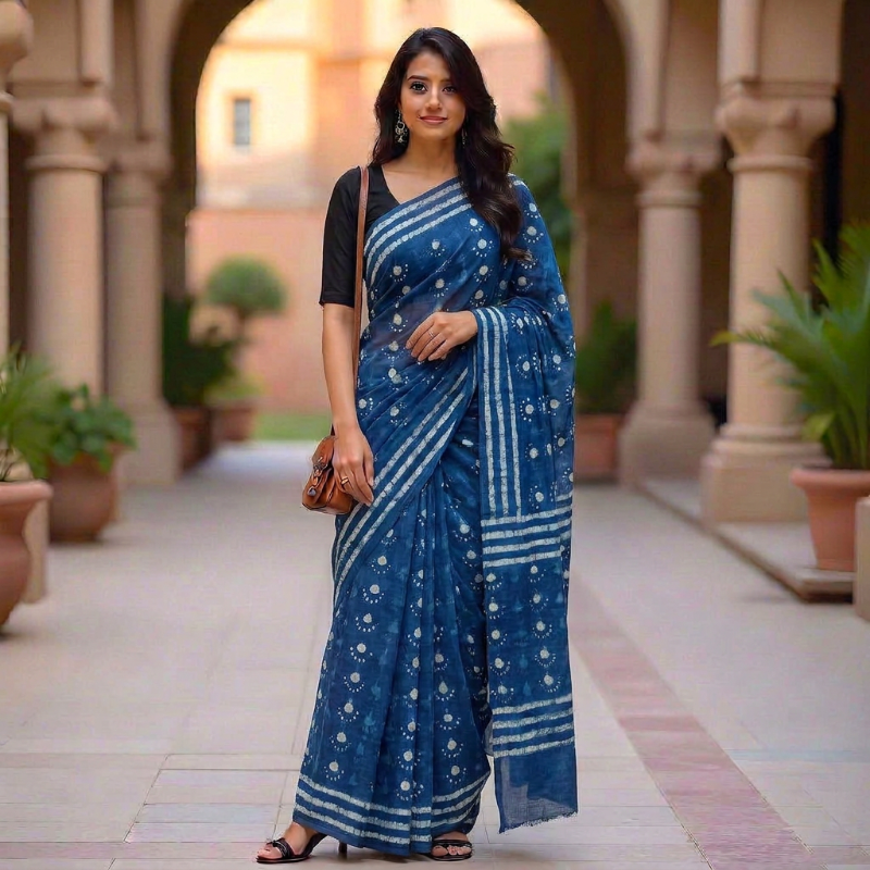 Indigo Blue Mul Cotton Saree with Batik-Style Geometric Print
