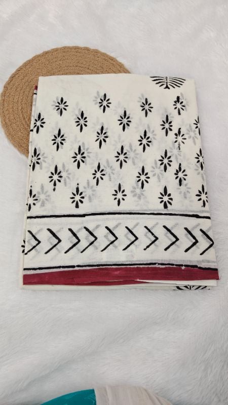 White Mul Cotton Saree with Block Prints