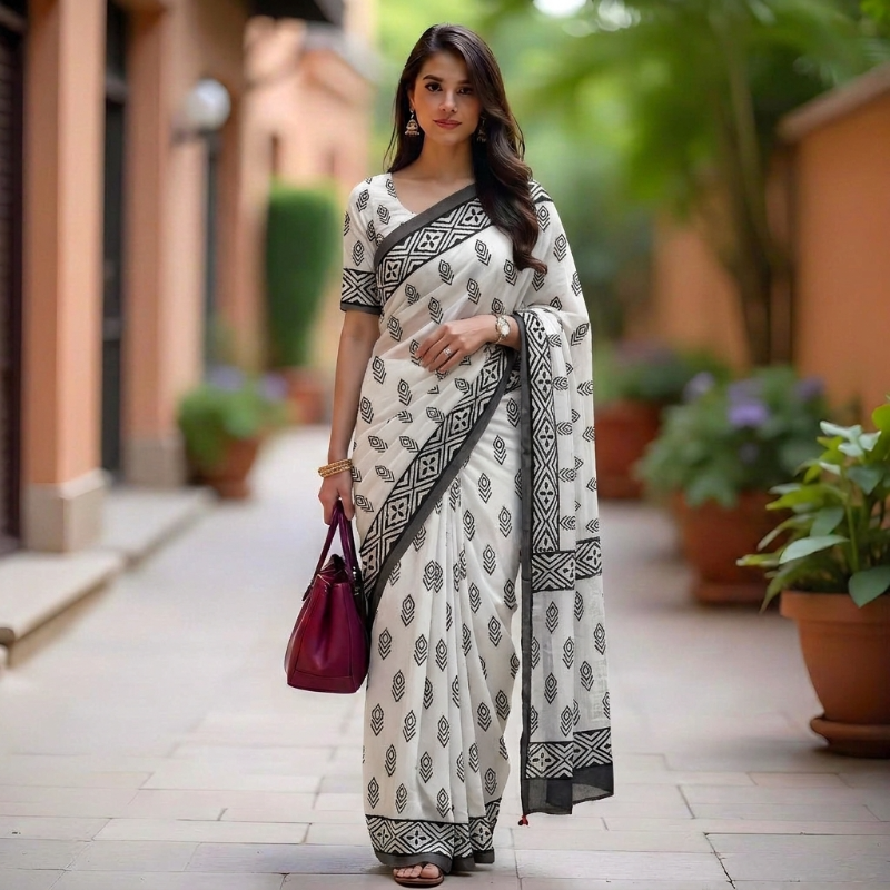White Mul Cotton Saree with Hand-Block Prints