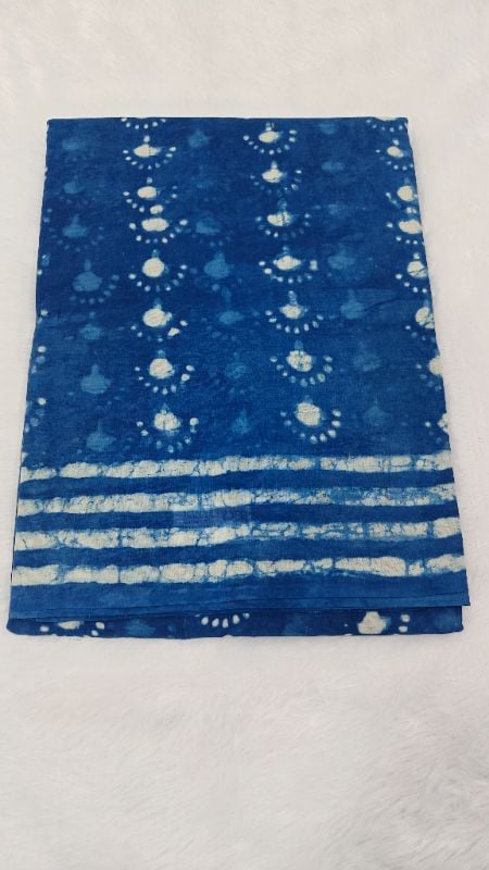Indigo Blue Mul Cotton Saree with Batik-Style Geometric Print