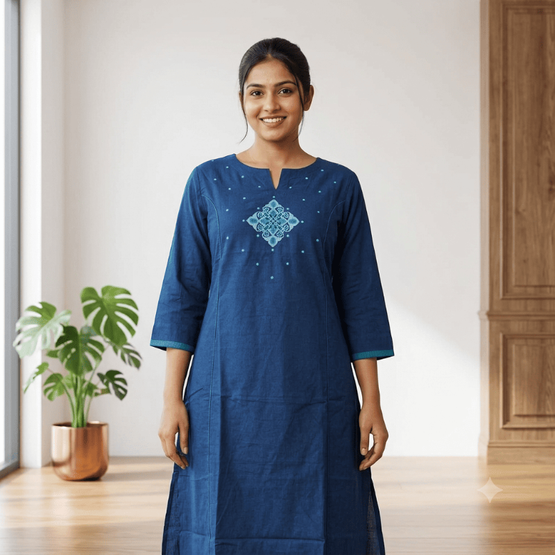 Anvita brand Peacock Blue Printed & Embroidered Kurti