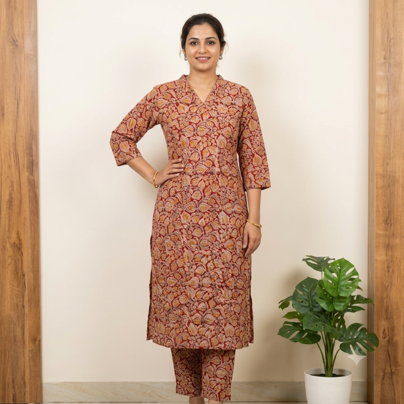 hand-blocked Kalamkari Cotton 2-Piece set KS2M