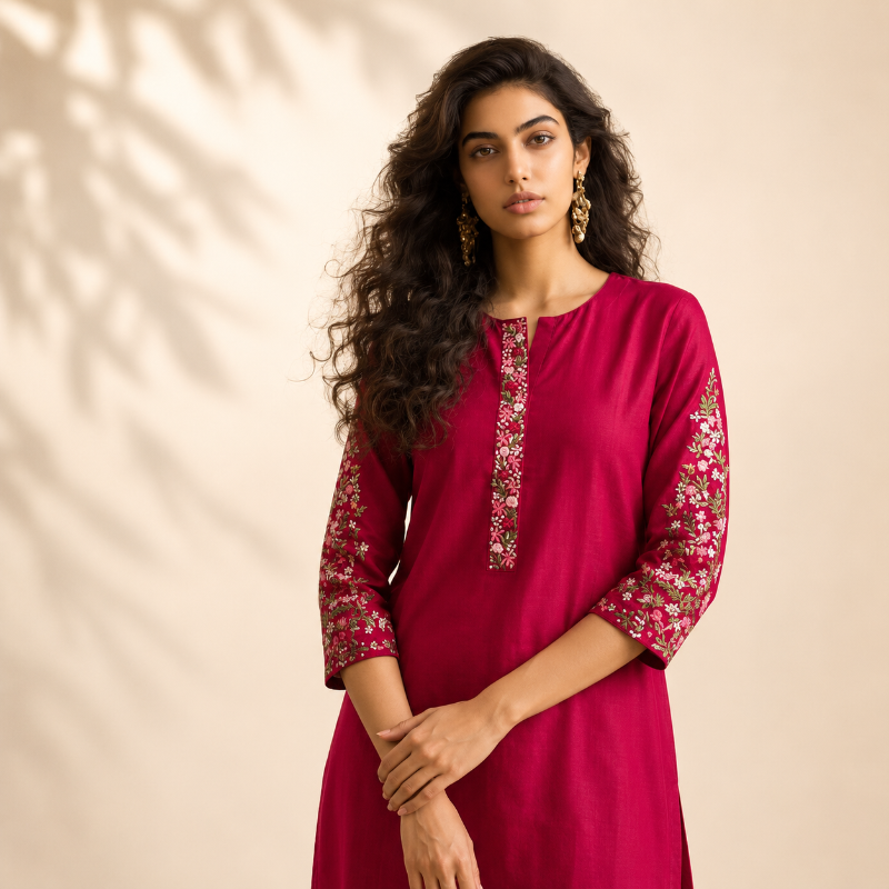 rani pink Embroidered Kurta