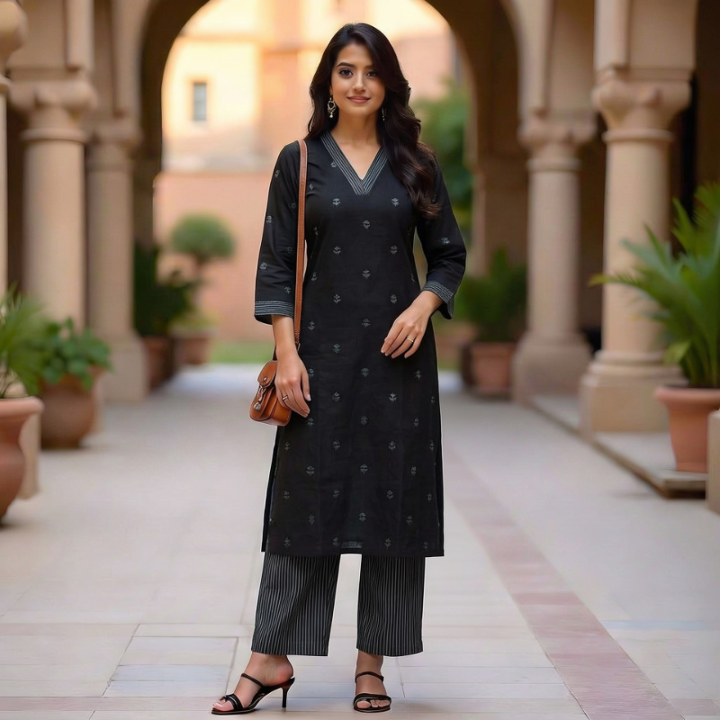 Black Cotton 2-Piece Kurta Set