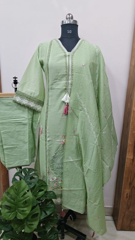 Elegant Mint Green Embroidered Silk Suit