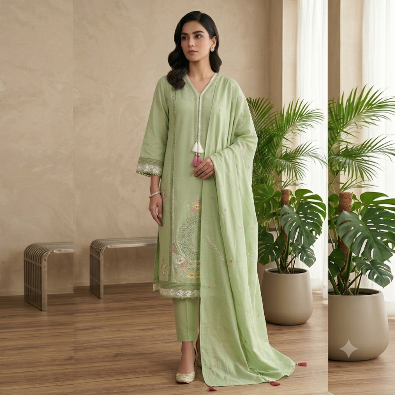 Elegant Mint Green Embroidered Silk Suit