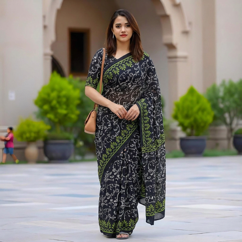 Elegant Black Mul Mul Cotton Saree white blocks