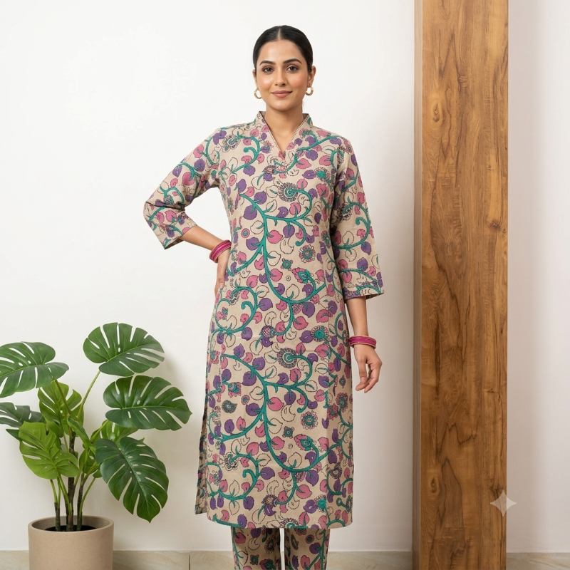 hand-blocked Kalamkari Cotton 2-Piece set KS2W