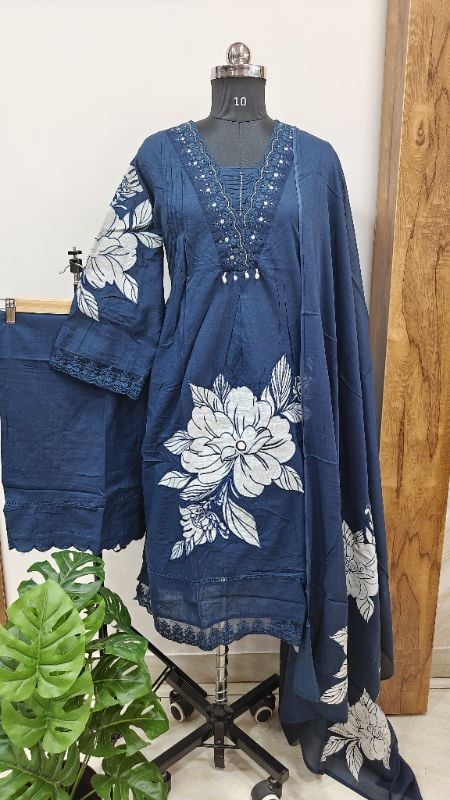 Grace in Deep Navy: Floral Print & Lace 3-Piece Suit Set