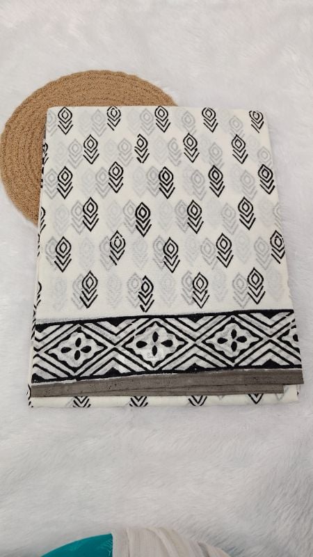 White Mul Cotton Saree with Hand-Block Prints
