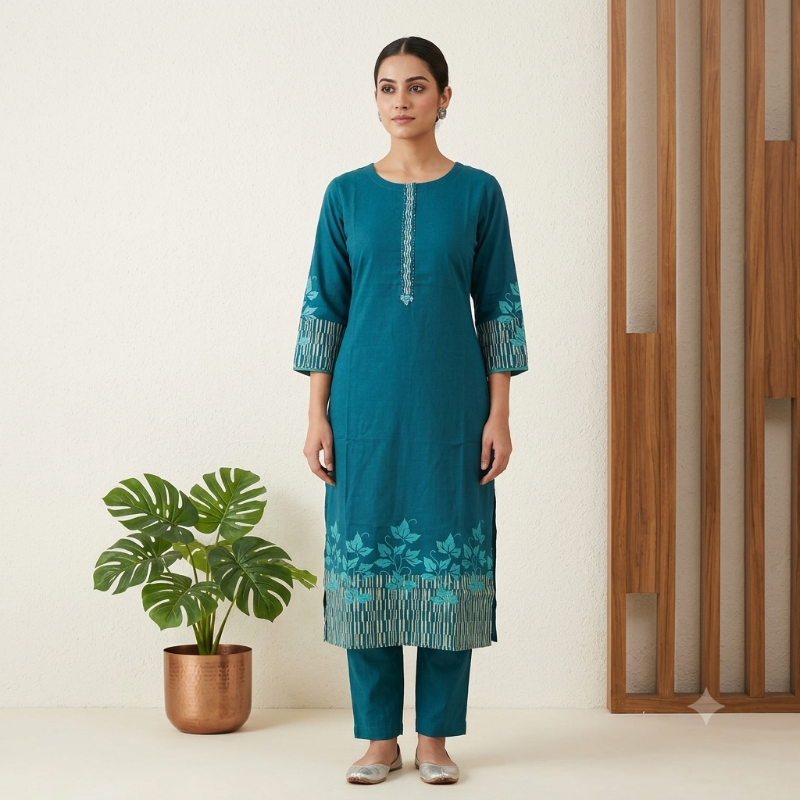 Anvita Teal Leaf Motif Kurta Set