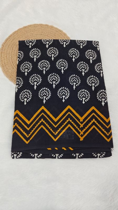 Black Mul Mul Cotton Saree handblock