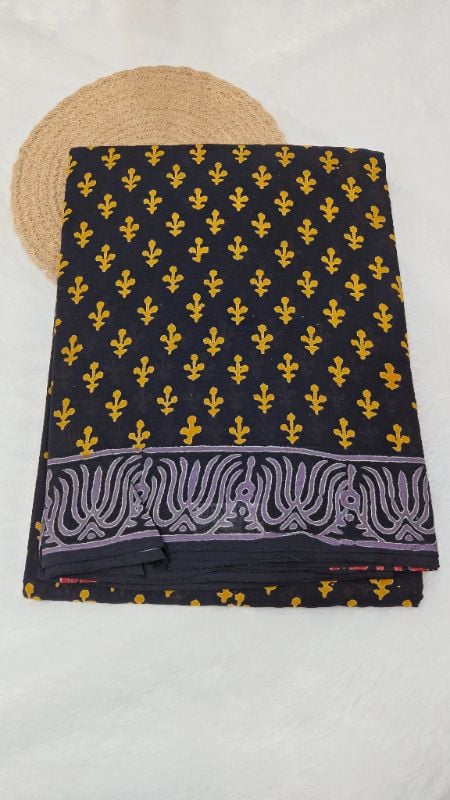 Elegant Black Mul Mul Cotton Saree yellow blocks