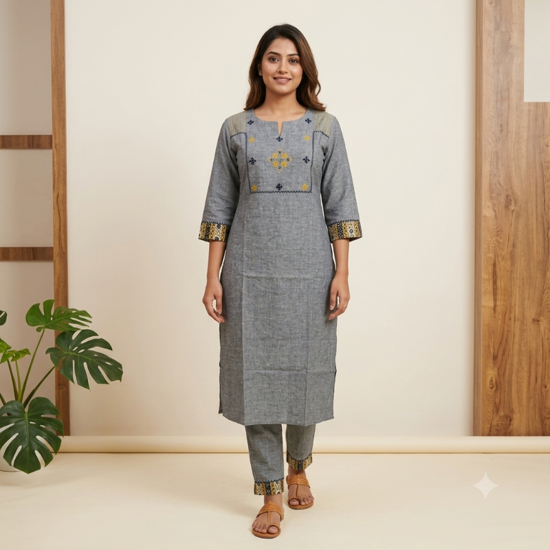 **Anvita brand Slub Grey Cotton 2-Piece Kurta Set**
