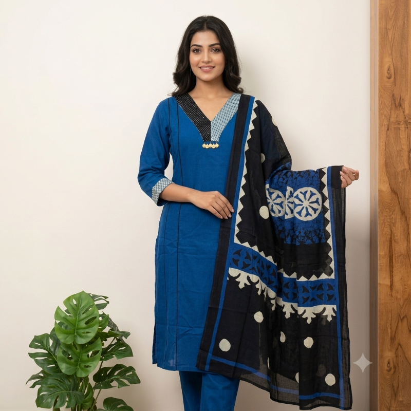 Chic in Indigo: Block Print Patchwork 3-Piece Suit Set